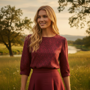 blouse femme lyocell Fleur rouge manches ballon motif géométrique