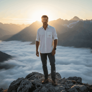 Chemise Altitude blanche en lin naturel, homme portant une chemise éthique légère.
