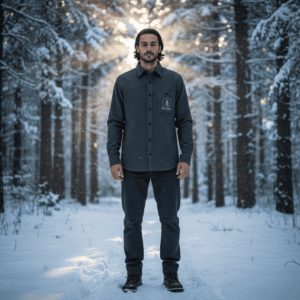 Chemise Boréal bleu pétrole en coton biologique épais, homme portant une chemise éthique.