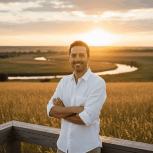 Chemise Origine blanche en lin naturel, homme souriant portant une chemise éthique élégante