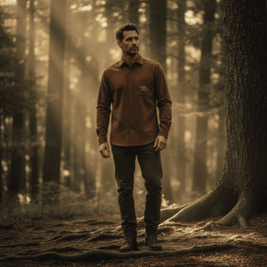 Chemise Racine marron terre en fibres durables, homme portant une chemise éthique confortable