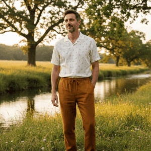 Chino Sentier camel en coton biologique avec cordon de serrage, homme portant un pantalon éthique