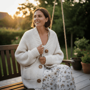 Gilet Cocon crème en coton biologique maille épaisse avec gros boutons bois, cardigan femme éthique oversize cocooning