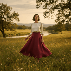 Jupe Pétale mi-longue en coton biologique, femme portant une jupe éthique fluide et élégante