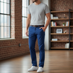 Pantalon homme à pinces bleu marine en coton bio et laine, homme portant un pantalon éthique élégant