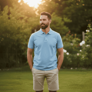 Polo Rivage bleu ciel en coton biologique GOTS, homme portant un polo éthique.