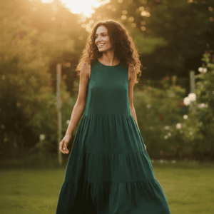 Robe Gaïa longue vert sapin en coton biologique, femme souriante portant une robe bohème éthique dans un jardin au coucher du soleil