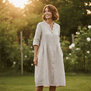 Robe Louise en lin beige naturel, femme souriante portant une robe chemise éthique