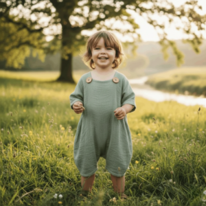 Salopette enfant coton bio vert sauge avec bretelles ajustables, salopette éthique confortable pour enfant