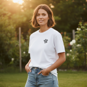 T-Shirt Etiklassic blanc en coton biologique GOTS, femme portant un t-shirt éthique basique-vue de face