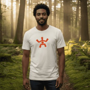 T-Shirt Empreinte blanc en coton biologique avec logo orange, homme portant un t-shirt éthique imprimé