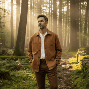 Veste Bivouac camel en coton biologique, homme portant une veste éthique.