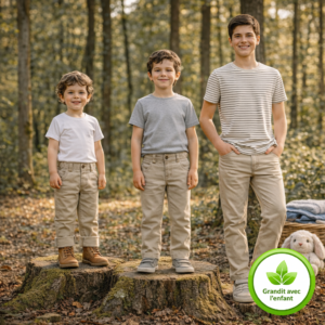 Pantalon enfant coton bio Grain beige avec revers évolutifs retournables, garçons portant un pantalon éthique qui grandit en forêt