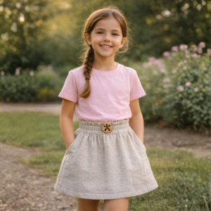 Jupe enfant coton bio beige portée avec bouton bois Etikashion