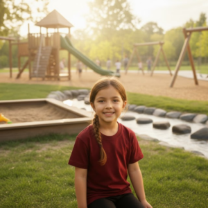 T-shirt enfant coton bio Mini Explorateur rouge avec imprimé Ouvrir les yeux au dos, fille portant un t-shirt éthique au parc