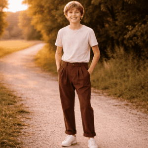 Pantalon enfant chanvre marron terre avec pinces, garçon portant un pantalon éthique robuste en nature