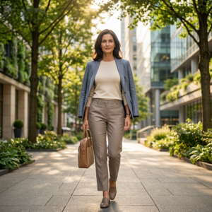 Pantalon femme lin cloud dancer Cime coupe droite, femme portant un pantalon éthique élégant professionnel en ville