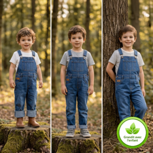 Enfant portant une salopette en coton bio denim, coupe confortable et évolutive dans un environnement naturel