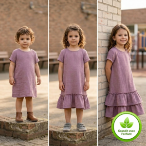 Robe enfant coton bio prune Houille texture double gaze, fille portant une robe éthique évolutive douce