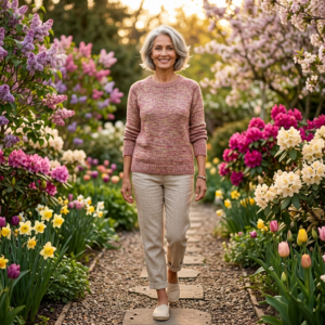 Pull femme laine rose chiné Nid, femme portant un pull éthique doux et chaud en maille dans un jardin fleuri