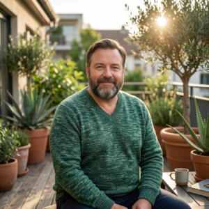 Pull homme col V Orme vert chiné en laine et coton bio, homme portant un pull éthique élégant sur terrasse