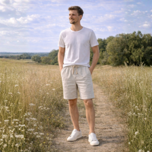 Short homme en lyocell et coton bio beige avec taille élastique et cordon Etikashion