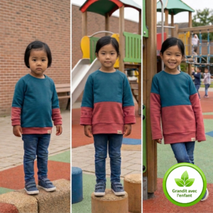 Sweat enfant coton bio Mousse bicolore bleu et rose avec système évolutif retournable, enfant portant un sweat éthique qui grandit